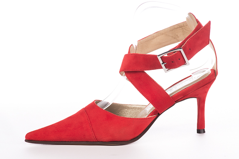 Scarlet red women's open back shoes, with crossed straps. Pointed toe. High slim heel. Profile view - Florence KOOIJMAN